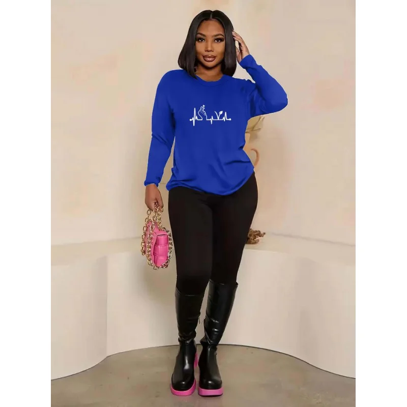 

Women's blue crew neck sweatshirt with fun graphic design, loose-fitting long-sleeved graphic suit