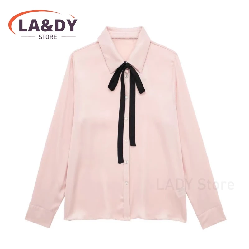 Shirts For Women 2024 Spring Summer Fashion Satin Bow Long Sleeve Office Lady Loose Blouse Tops Female