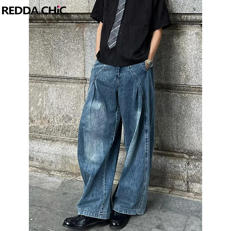 

ReddaChic Pleat Deconstructed Barrel Jeans Do Old Loose Fit Solid Casual Wide Leg Pants Trousers Hiphop Vintage Men Streetwear