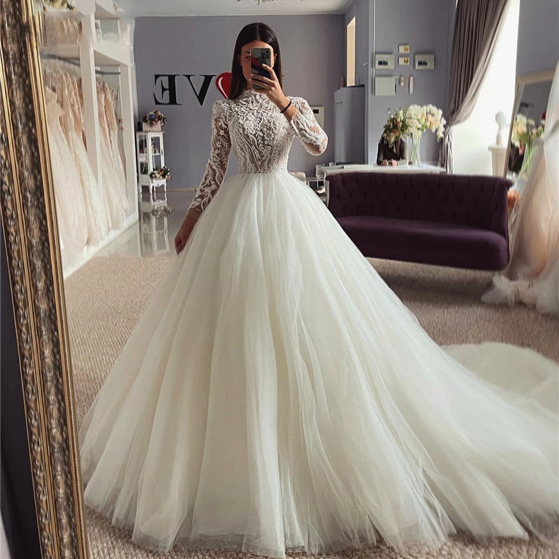 

Illusion Long Sleeve Lace Wedding Dresses A Line High Neck Bride Dress Sexy Draped Tulle Wedding Gowns 2023