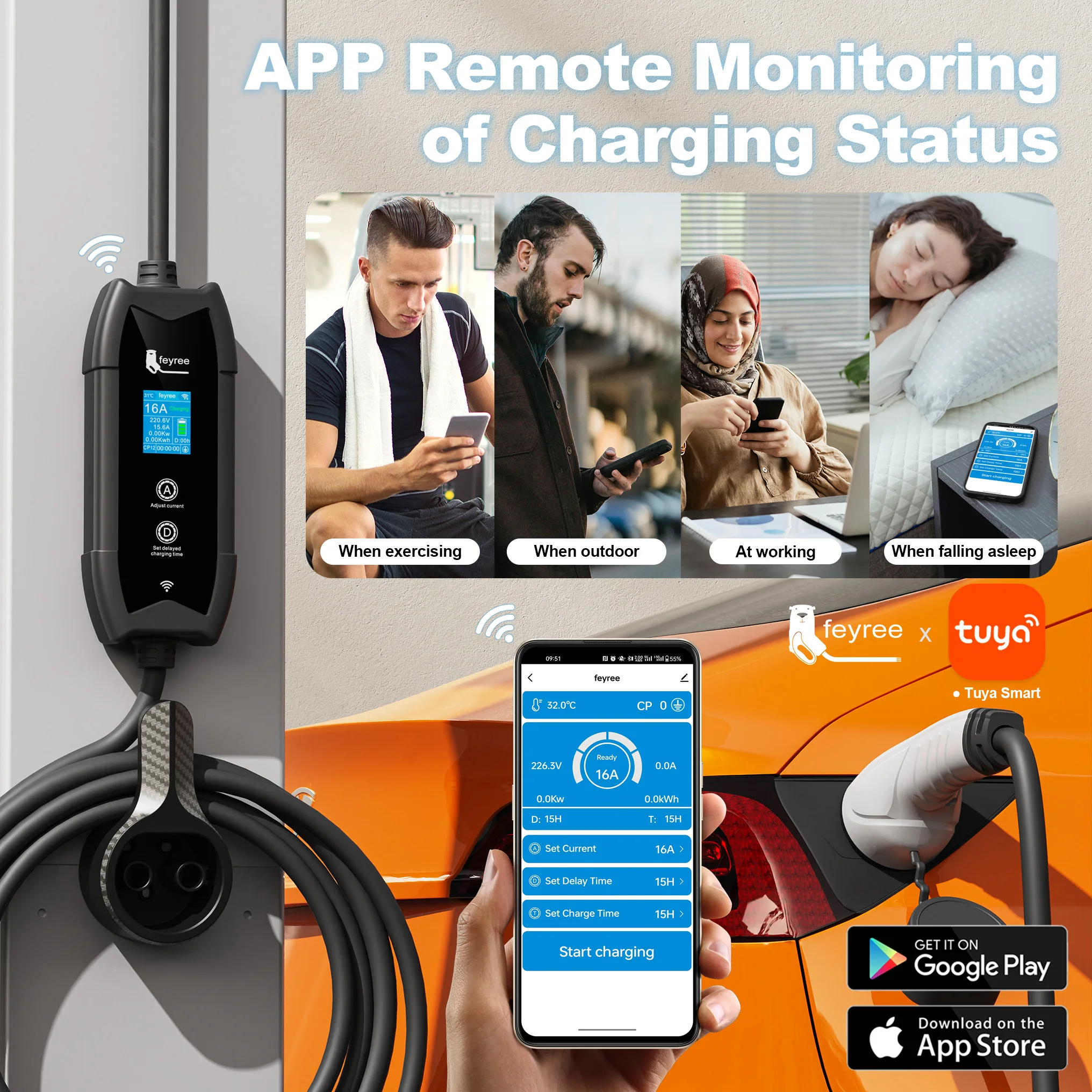 Feyree Typ2 EV-Ladegerät mit WLAN-App-Steuerung, 16A 3,5KW GBT 5M Kabel, Typ1 Tragbare Ladebox mit Lade- und Verzögerungszeitfunktion für Elektroautos – Detail 8