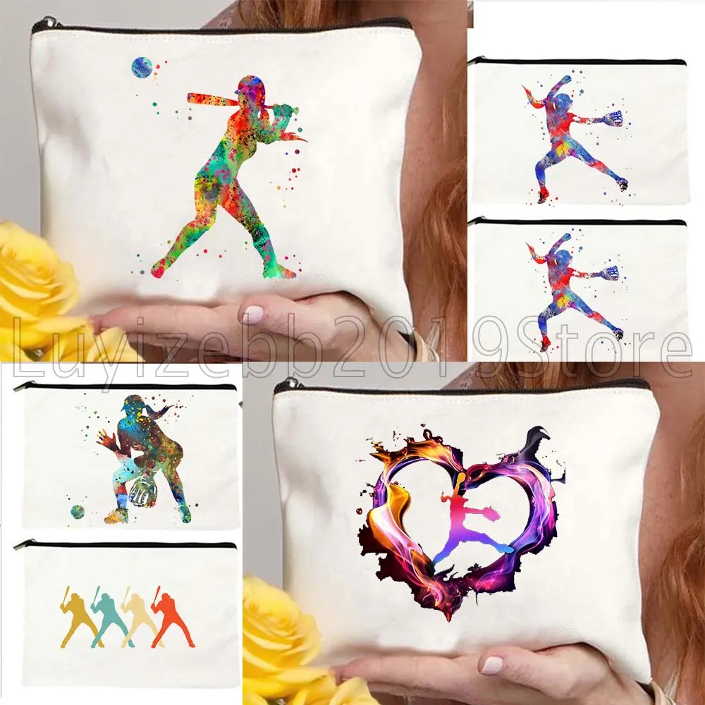 Menina softball jogador aquarela pintura arte presente saco de cosméticos caso de maquiagem viagem produtos de higiene pessoal organizador bolsa de armazenamento lápis caso
