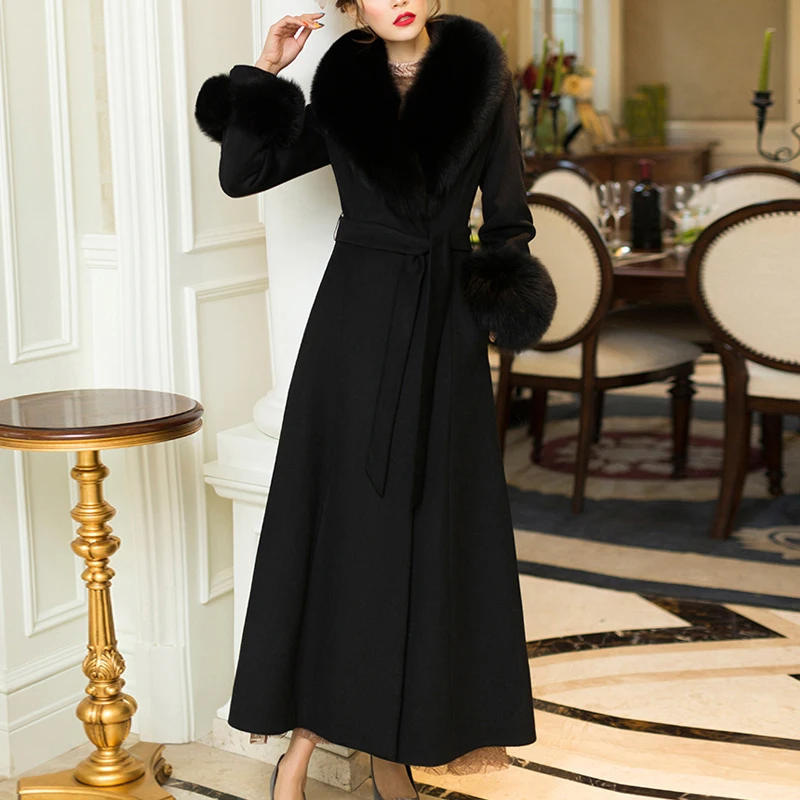 

100% Sheep Wool Long Coat for Women Chic Slim-fit Belt Double-faced Cashmere Coat Ladies Real Fox Fur Collar Warm Woolen Outwear