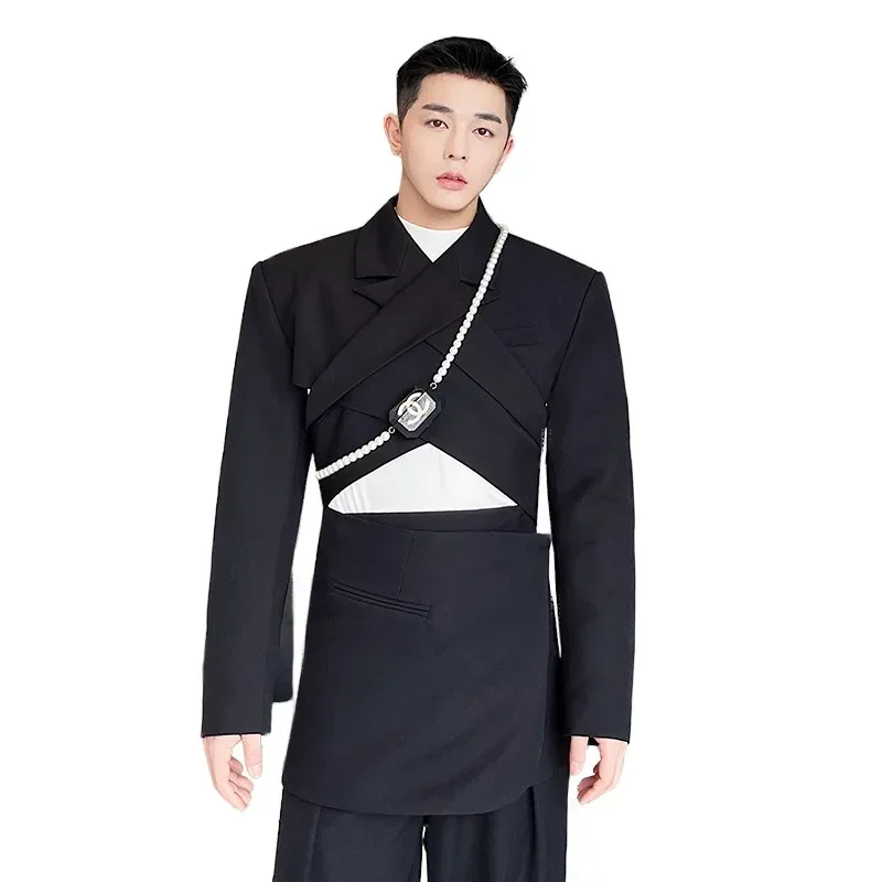 Men's Spring and Autumn Show Style Personalized Fashion Versatile Cross Adjustable Wearing Method Black Short Suit Top Coat