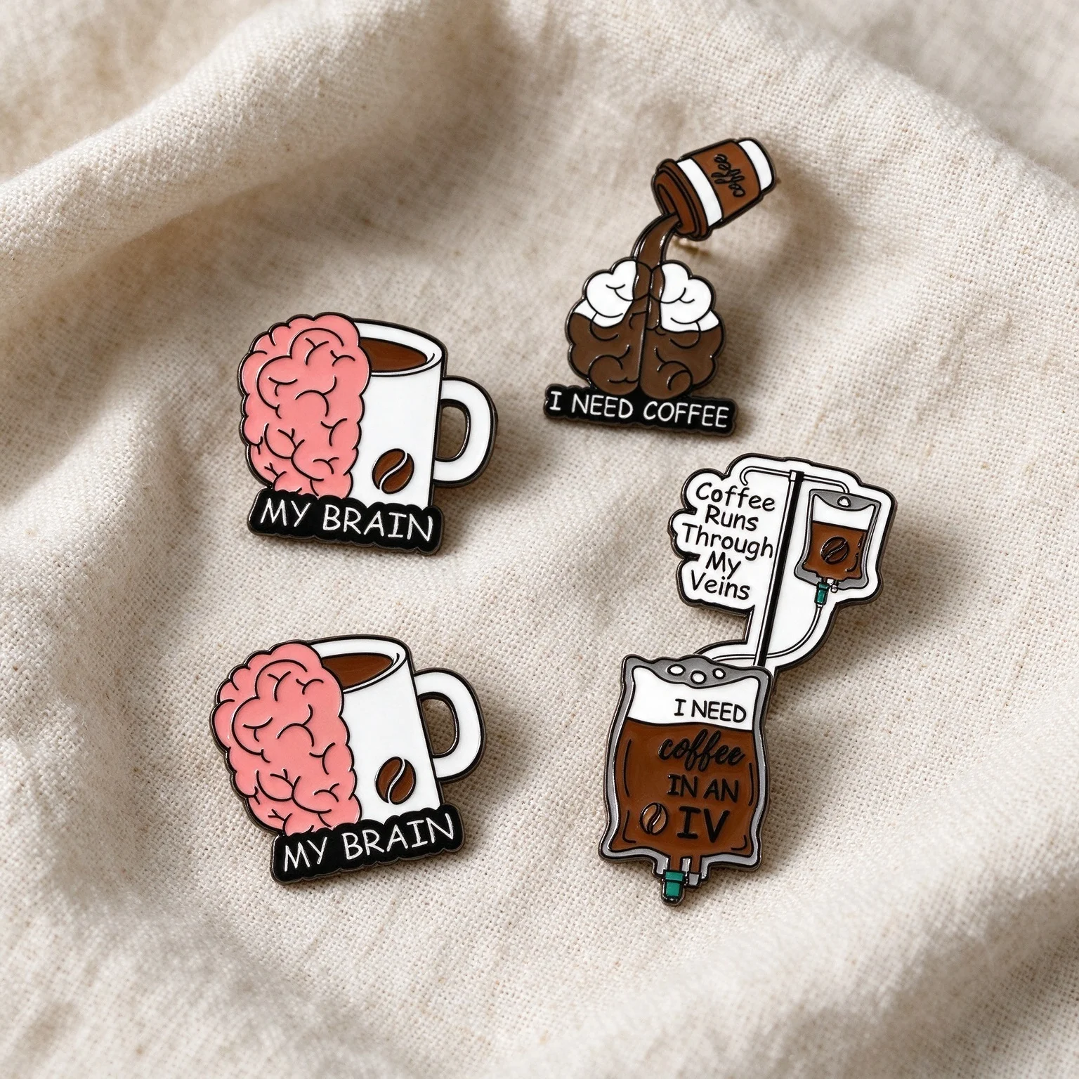 Coffee IV Brain Enamel Pins Creative Coffee Runs Through My Veins Lapel Badge Brooch Backpack Jewelry Gift for Coffee Lovers