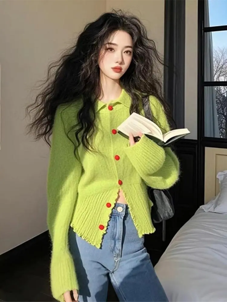 

Женский свободный вязаный кардиган с воротником, весна-осень, новый дизайн, универсальный элегантный топ во французском стиле, повседневная мода