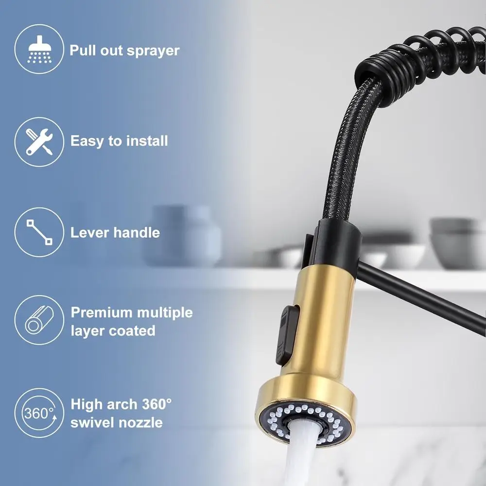 Grifo de cocina con rociador extraíble de alto arco, negro mate y oro cepillado, con resorte, 1 o 3 orificios, para granja, RV y fregadero de recipiente