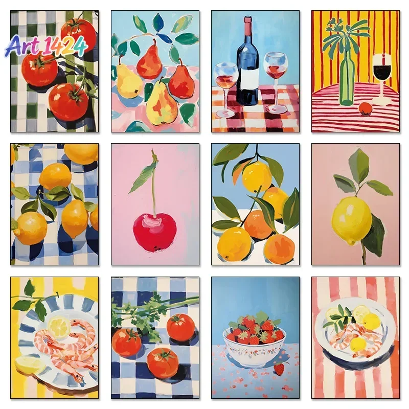Fruit Market Blueberry Cherry Grapes Lemon Papaya Pear Peach Poster Print Wall Art Pictures Canvas Painting Room Home Decor Gift
