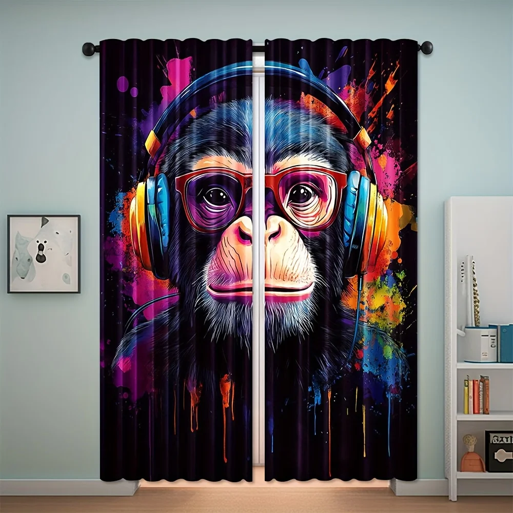 Monkey Curtain, Colorful Chimpanzee Headphones Drapes, Music Animal Blackout Curtains, Modern Art Living Room Decor, 2 Panels