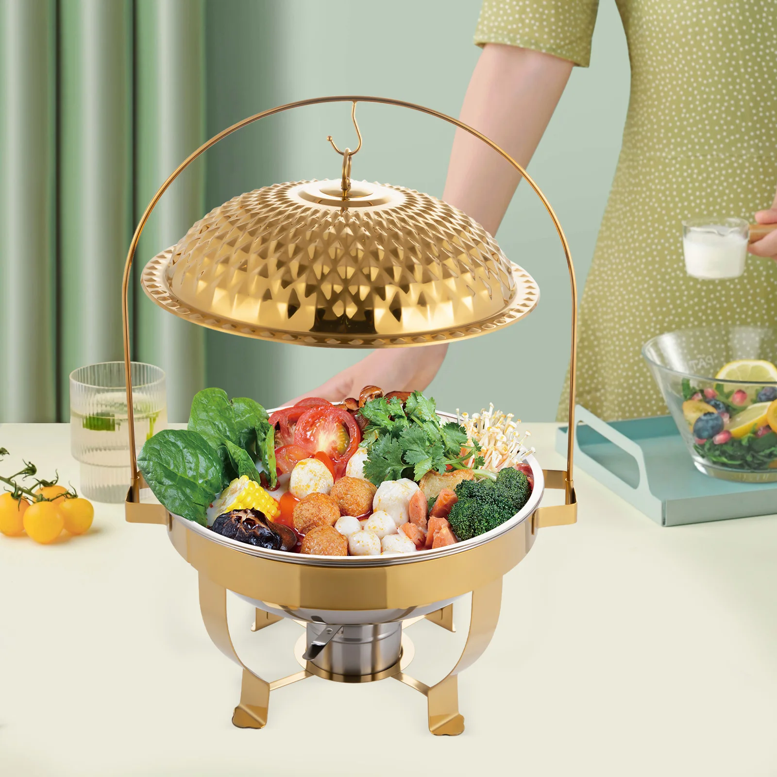 6.3QT (6L) Gold Plated Round Stainless Steel Chafing Dish with Hanging Cover, Buffet Food Warmer Stove with Lid & Food Pan for Wedding Banquet & Catering Events