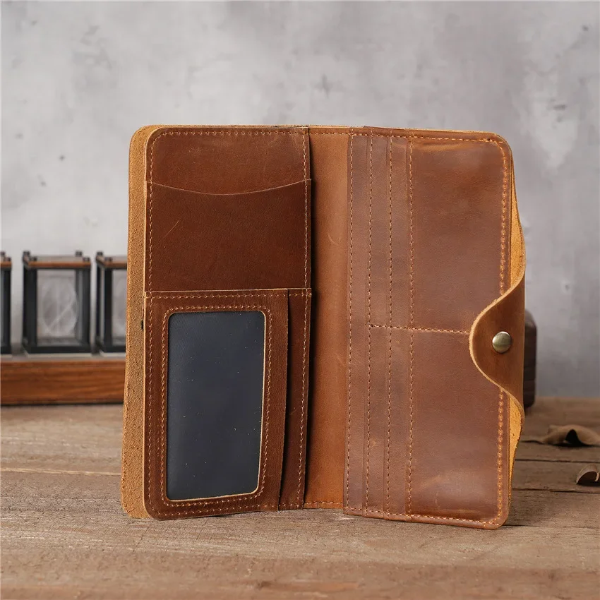 Men's Long Leather Wallet Business Multi-card Slot Handheld Bag Top Layer Cowhide Money Clip Male