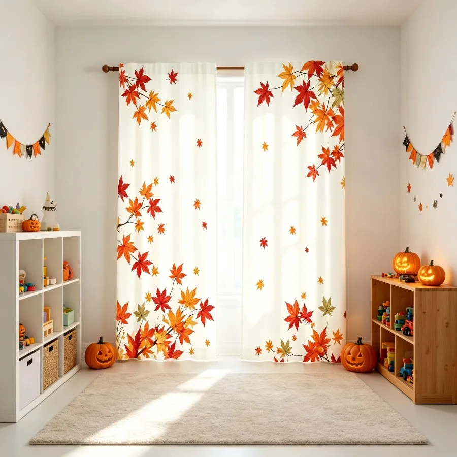 2PCS Digital Print Curtain, Minimalist Falling Red Orange Maple Leaves Branches Pattern, Simple Autumn Fall Style Window Decor