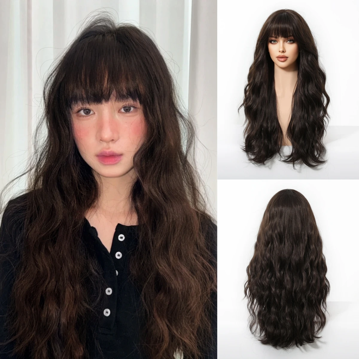 

Long Body Wave Synthetic Wigs For Women Daily Party Brown Fake Hair With Bangs Natural Looking Curly Wigs Heat Resistant Fiber