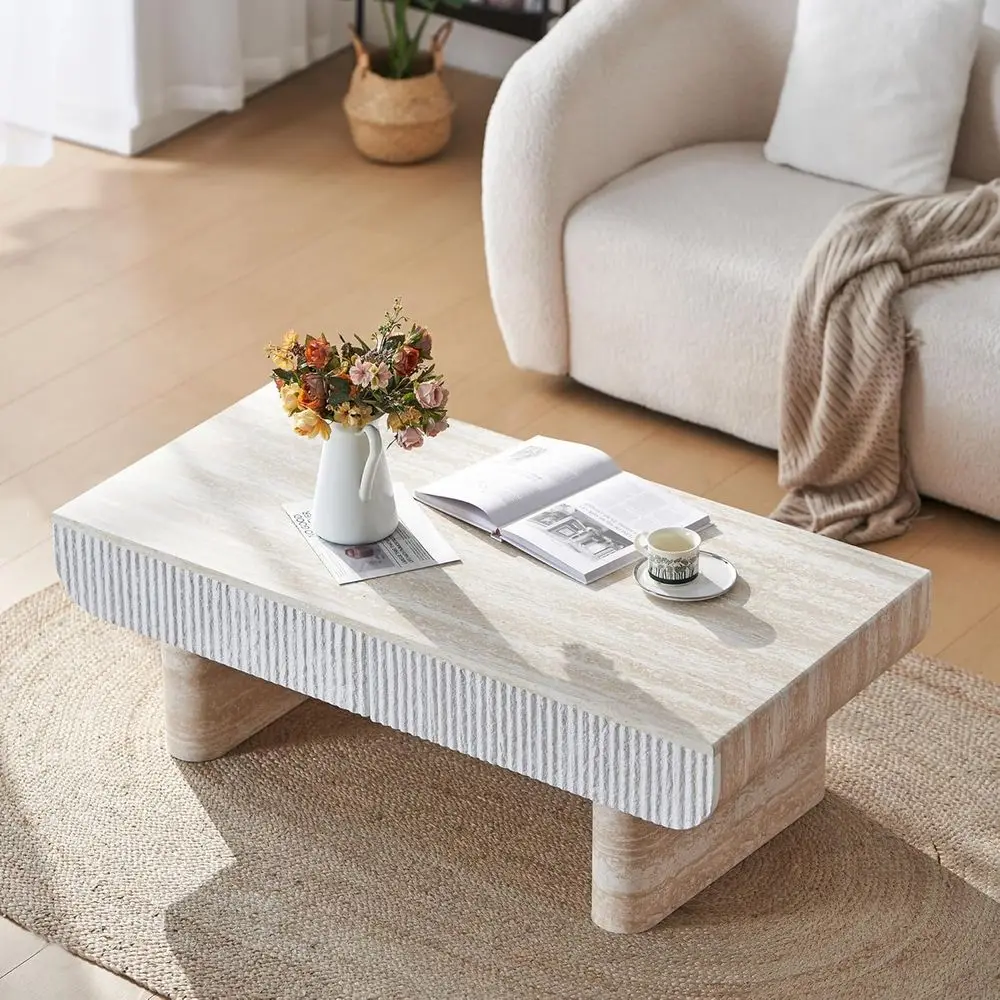 

46.8 Modern Coffee Table with Marble Top, Suitable for Living Room or Office, Beige Brown