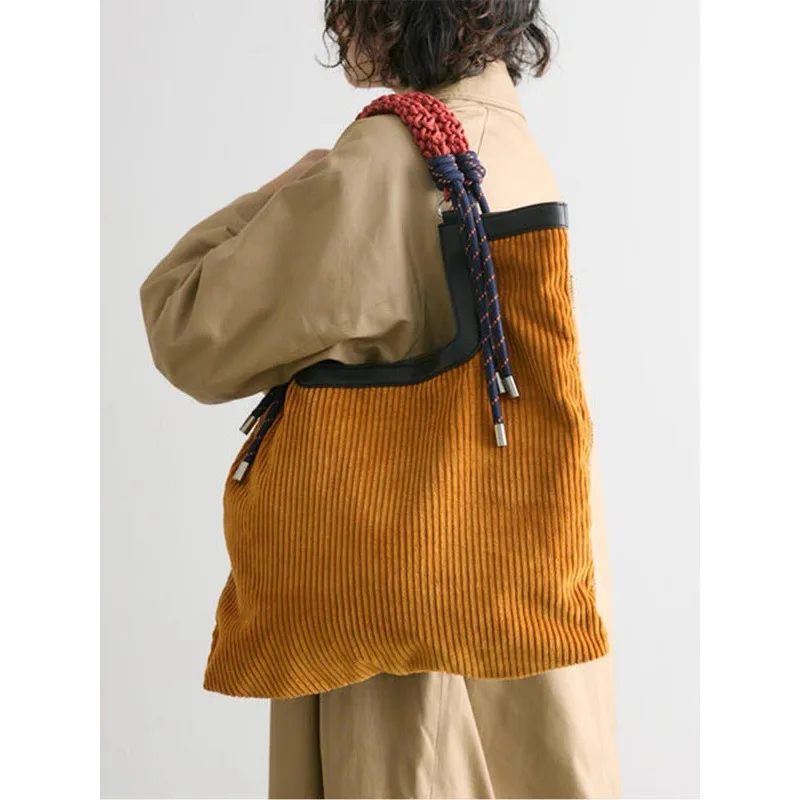 

Fashion Women Shoulder Bag Corduroy Vintage High-Capacity Tote Bags Weaving Handle Office Lady Girls Handbag Underarm Bag