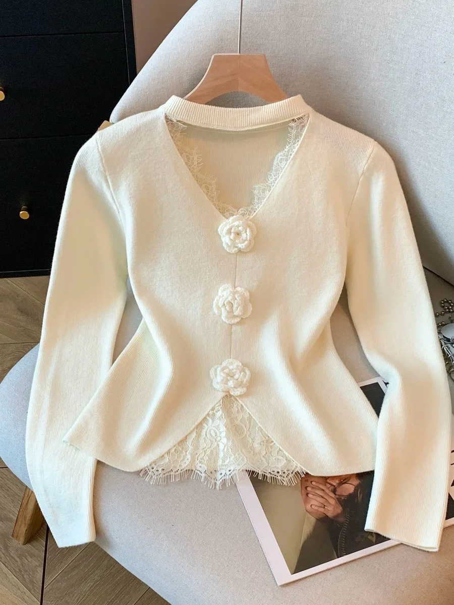 블루 플로럴 레이스 V넥 니트 스웨터 여성 이너웨어 네이징 디자인 루즈핏 스윗 슬레 시 워크 폴리에스터 섬유