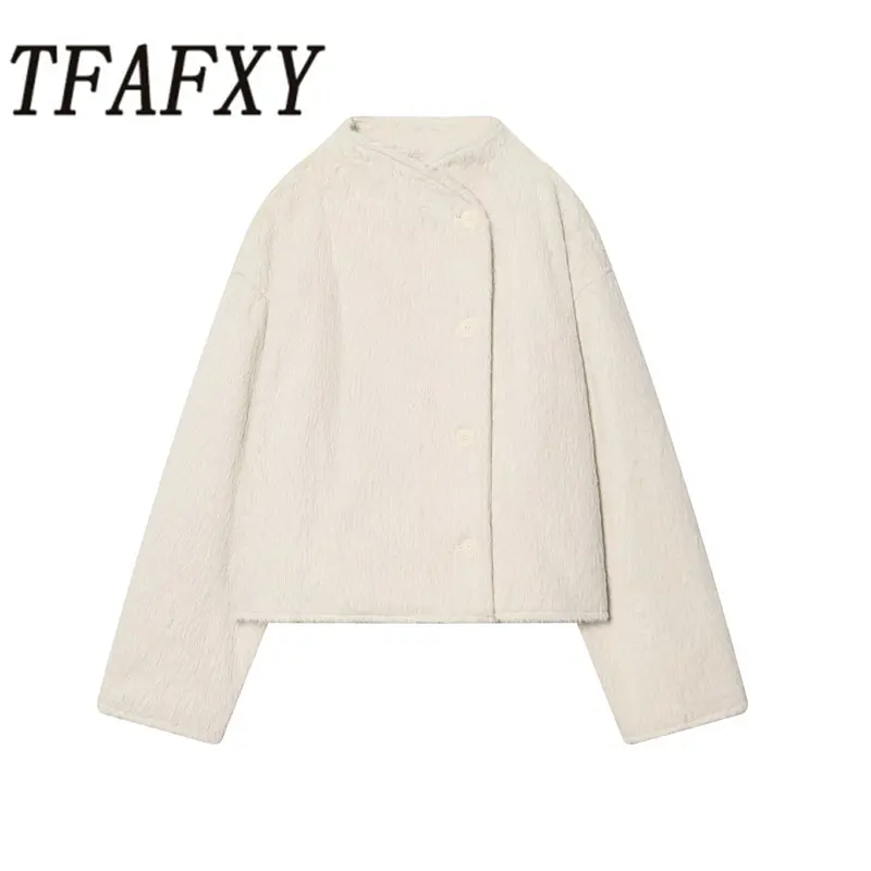 

TFAFXY Casual Chic Mao Mao Textured Jacket Half Turtleneck Single-breasted Jackets Fashion 2026 Spring Lady Outwear