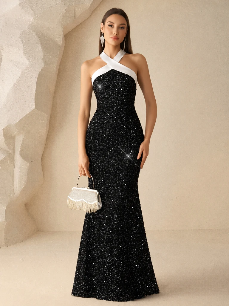 2026 XUCTHHC New Formal Evening Dress Sequin Mermaid Gown Black Christmas Party