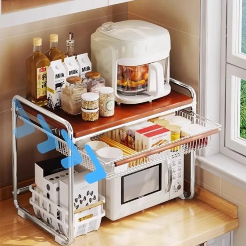 Vintage Microwave Shelf, Multi-Functional Kitchen Organizer, Drawer-Equipped Rack for Cookware and Appliances