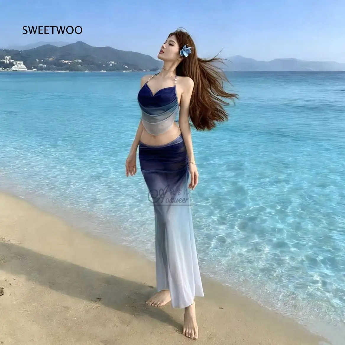 Women 3 Piece Gradient Color Swimsuit Set Halter Neck Backless Bikini Top High Waist Long Wrap Skirt Cover Up Swimwear For Beach