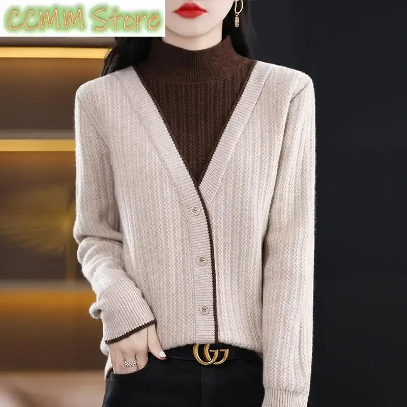 New Autumn Winter Half High Neck Sweater Women Contrast Button Korean Simple Loose Splice Fake Two Piece Long Sleeve Tops