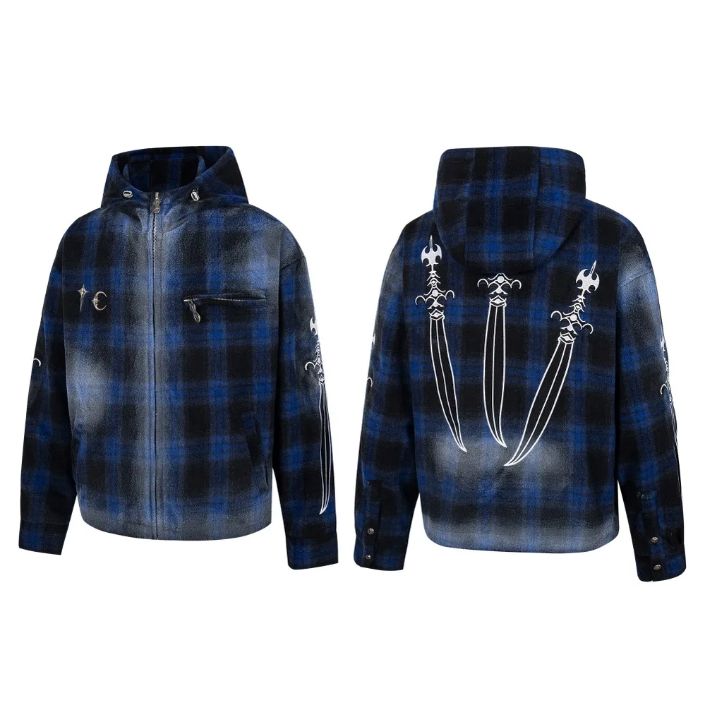 

THUG CLUB High Street Свободный клетчатый кардиган на молнии Jaet Корейская версия ex Повседневное длинное пальто с капюшоном для молодежи