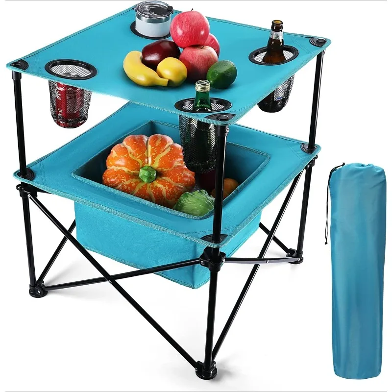 

Portable Camping Picnic Table, Lightweight Folding Beach Table with 4 Cup Holders and Carry Bag for Camp, Travel, Fishing