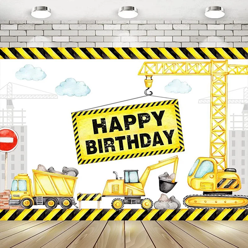 Construction Theme Happy Birthday Backdrop Dump Truck Excavator Kids Photography Background Boys Bday Party Decoration Banner