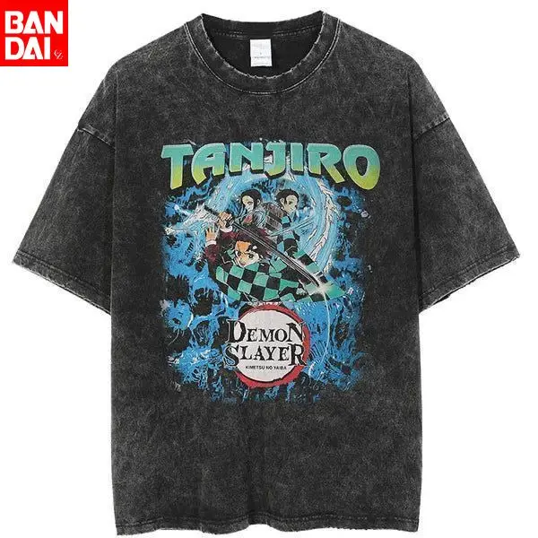 

2026 Summer New Zenitsu Agatsuma Breath of Thunder Retro Washed Old T-shirt Demon Slayer 90s Street Style Short-sleeved Top