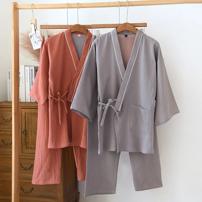 

Japanese Casual Loose Cotton Pajamas Women Men Spring Summer Sleepwear 2-piece Set Couple Kimono Cardigan Female Loungewear Suit