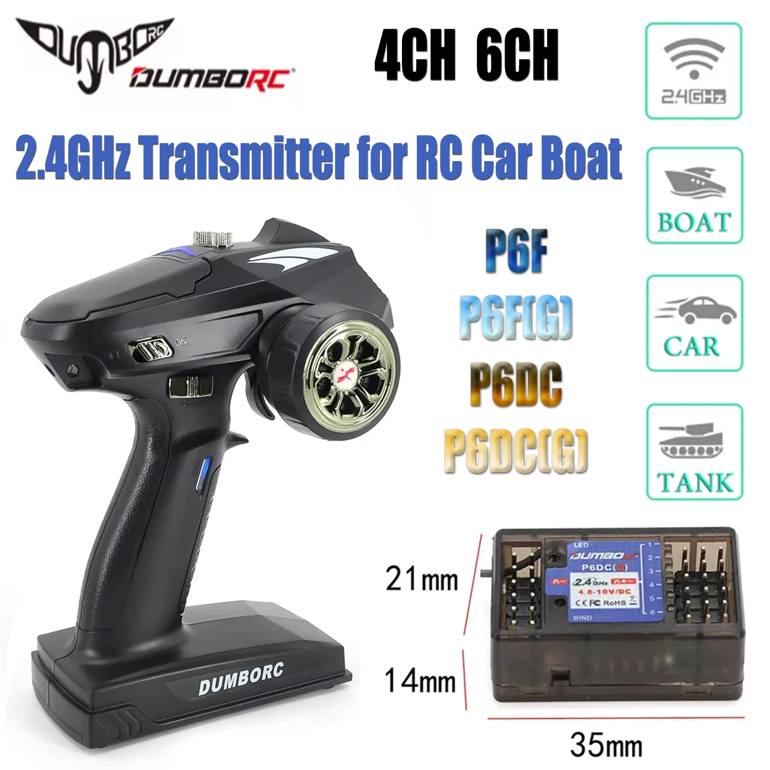 

DUMBORC 6CH P6DC P6DCG Gyro Receiver 2.4G 12LED Light System for X6 X4 X5 Transmitter Remote Controller RC Car Boat Tank Vehicle