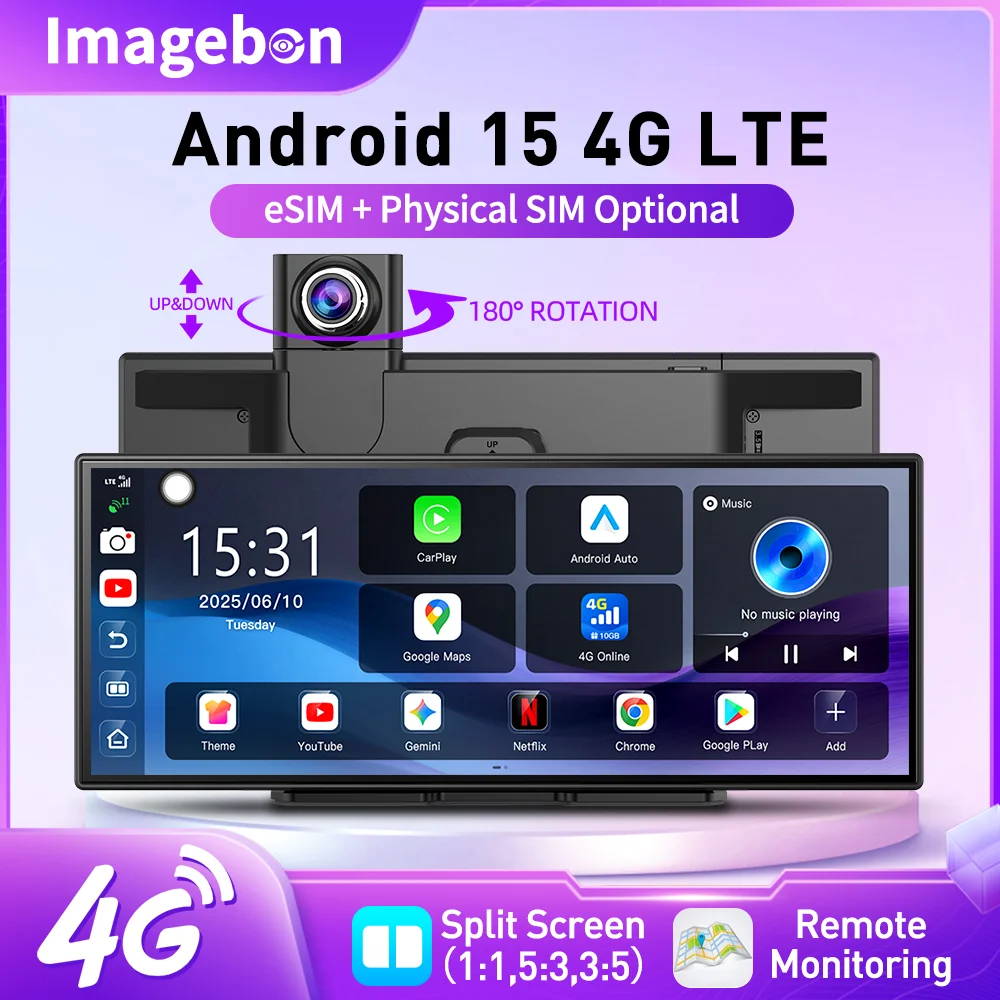 Imagebon M80 11.4" 4G Android 15 Dashcam Wireless CarPlay Android Auto 8-Core GPS Split Screen Parking Monitor eSIM Car Stereo