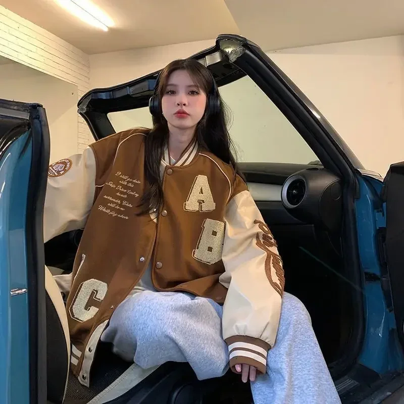 Spring new Vintage Bomber Jacket Women Harajuku Fashion College Uniform Varsity Baseball Jackets Female Oversized Streetwear Y2k