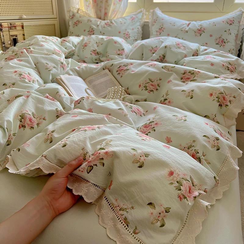Washed Cotton Duvet Cover Sets Single/Queen/King Flower Printed Bedding Set Princess Style E Housse De Couette 220x240 with Lace