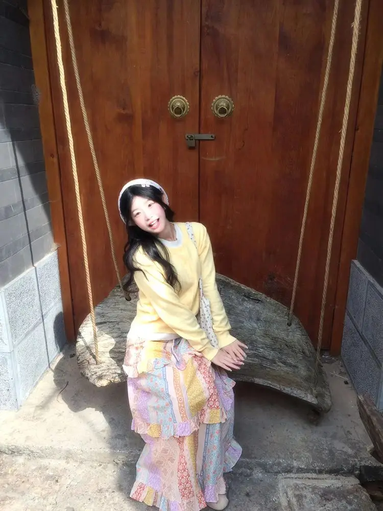 

Новая женская юбка Topenomi 2026 с цветочным принтом, высокой талией, оборками, А-силуэта, длинная, в японском стиле, универсальная, Y2K, в стиле Ins