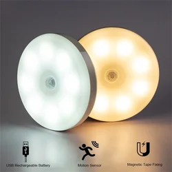 Motion Sensor Light Led USB NightLights Round Chargeable Lamp for Bedroom Kitchen Stair Hallway Wardrobe Cupboard Lighting