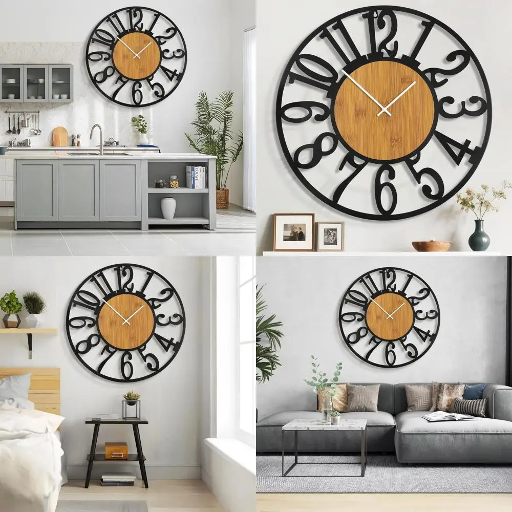 

40" Extra Large Wall Clock, Silent Rustic Metal Wood Face Decorative Clock, Battery Operated Farmhouse Modern Oversized Wall Clo
