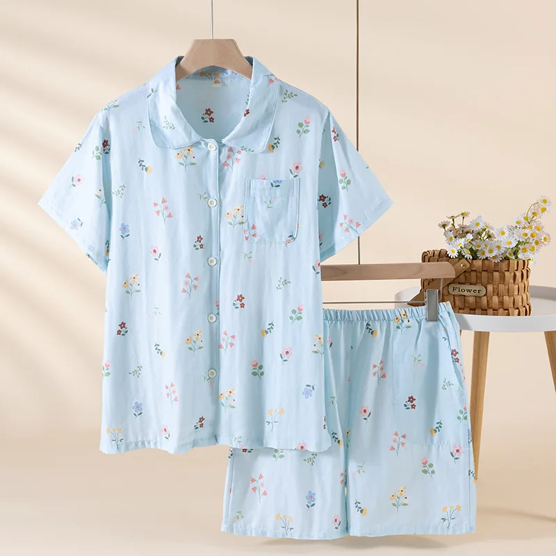 

Woman Pajamas Set Room Wear Ladies Summer Short Sleeve Tops With Button-Up Lapel Collar Pijama Shorts Pyjama Femme Lounge Set