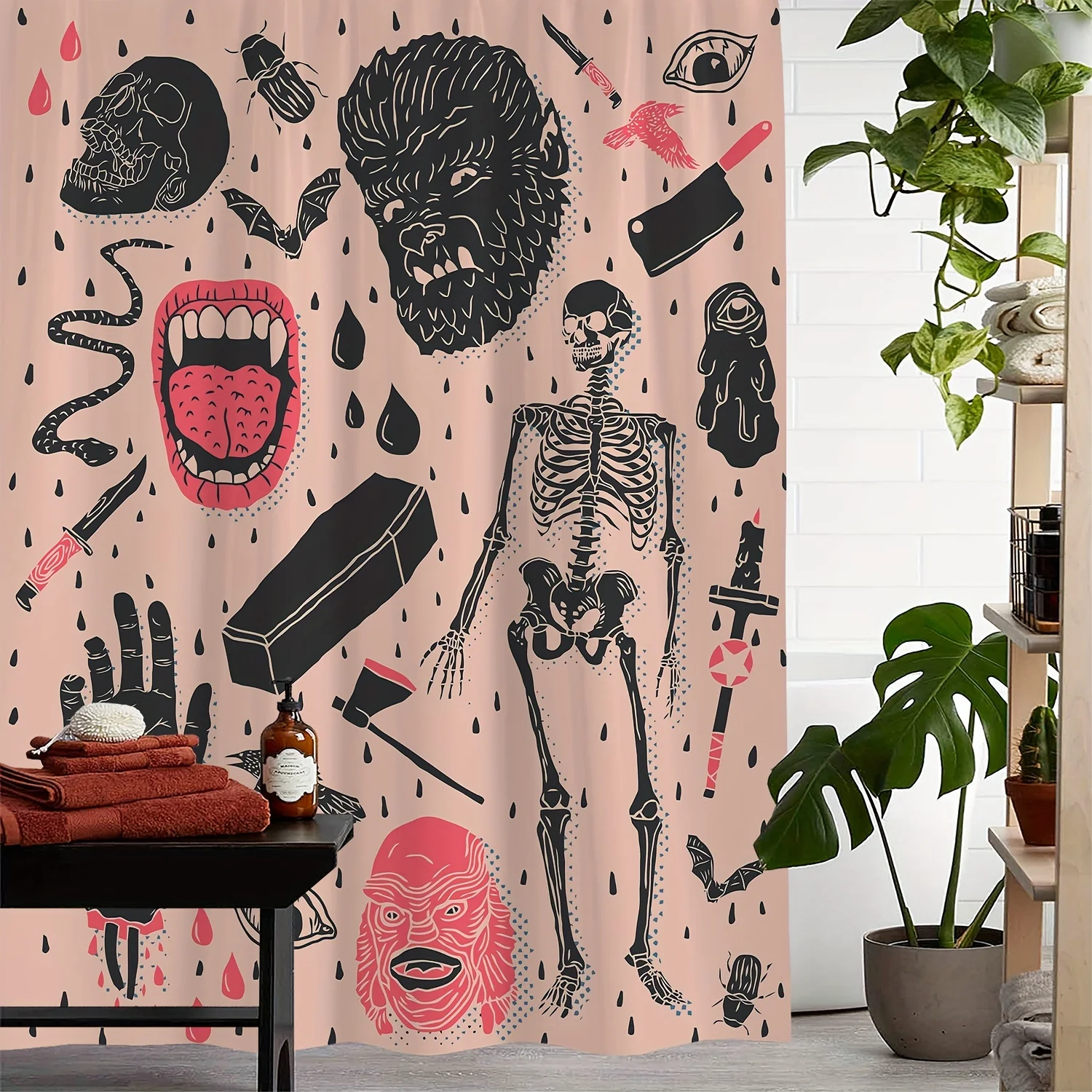 Elegant Skeleton and Floral Design Waterproof Shower Curtain – Perfect for Adding a Unique and Artistic Touch to Your Bathroom
