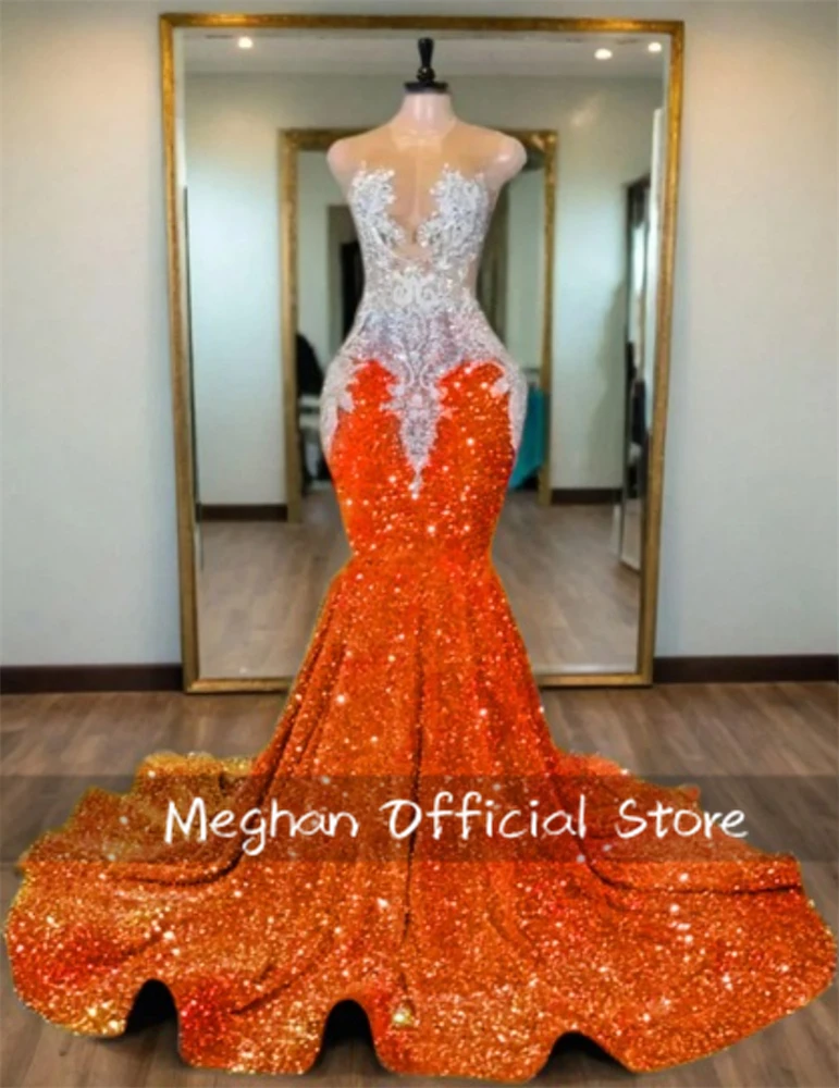Orange Bead Crystal Long Prom Dresses For Black Girl Appliques Party Dresses Women 2024 Sequin Formal Gown Customized