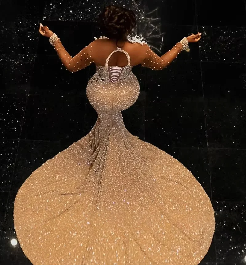 Champagne Long Sleeves Prom Dresses For Black Girls Sheer Beaded South African Evening Gowns Birthday Party Robe Customized