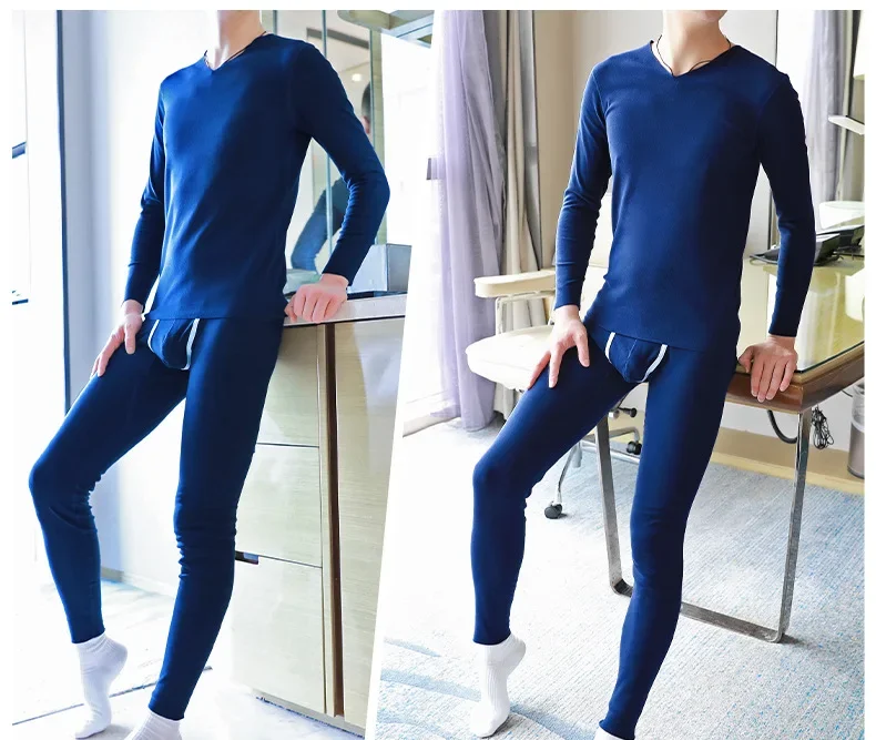 Simple Seamless Men\'s Thermal Underwear Set German Velvet Autumn Clothes Pants Solid Color Youth Breathable Close Fitting Shirts