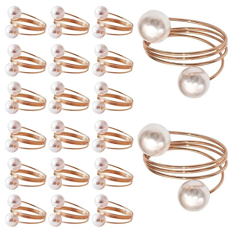 

New-20Pack Napkin Rings, Pearl Napkin Ring Set, Metal Spring Napkin Holder Table Decorations, Napkin Ring Buckles