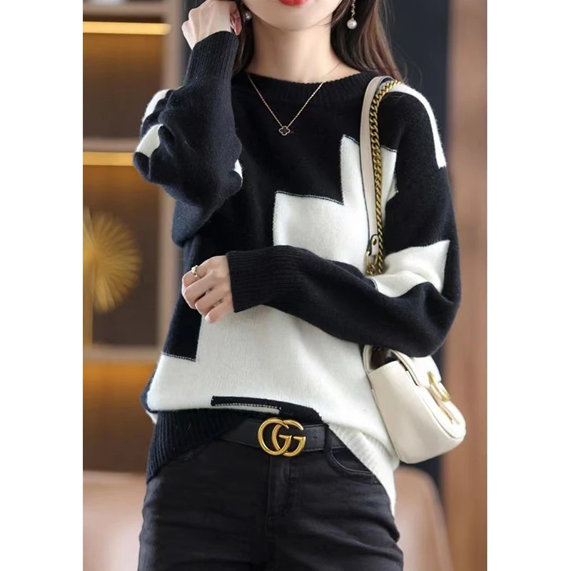 Autumn Winter Contrast Color Pullover Sweater Lady Loose Casual Fashion All-match Knitting Jumpers Ladies Oversized Bottomed Top