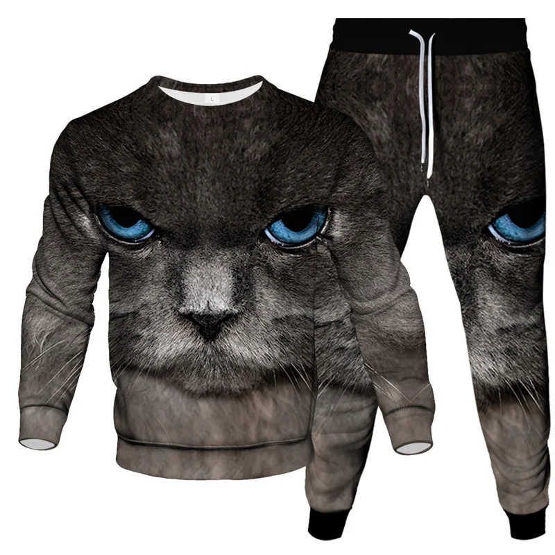 Autumn Animal Cat 3D Print Men\'s Sportswear Set FashionLong-Sleeved T Shirt Pants 2-Piece Set Oversized Pullover Men Clothing