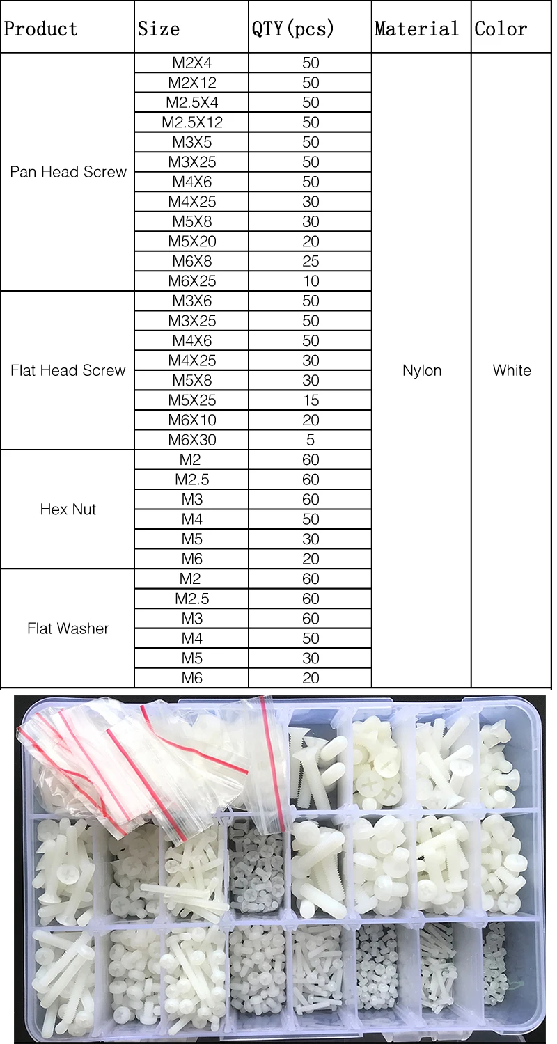 Weiße Nylon Sechs kant schraube Mutter Unter leg scheibe Set m2 m3 m4 m5 m6 Rundkopf Kreuz schraube Kunststoff isoliert Phillips flache Senk kopfs ch raube – Detail 2