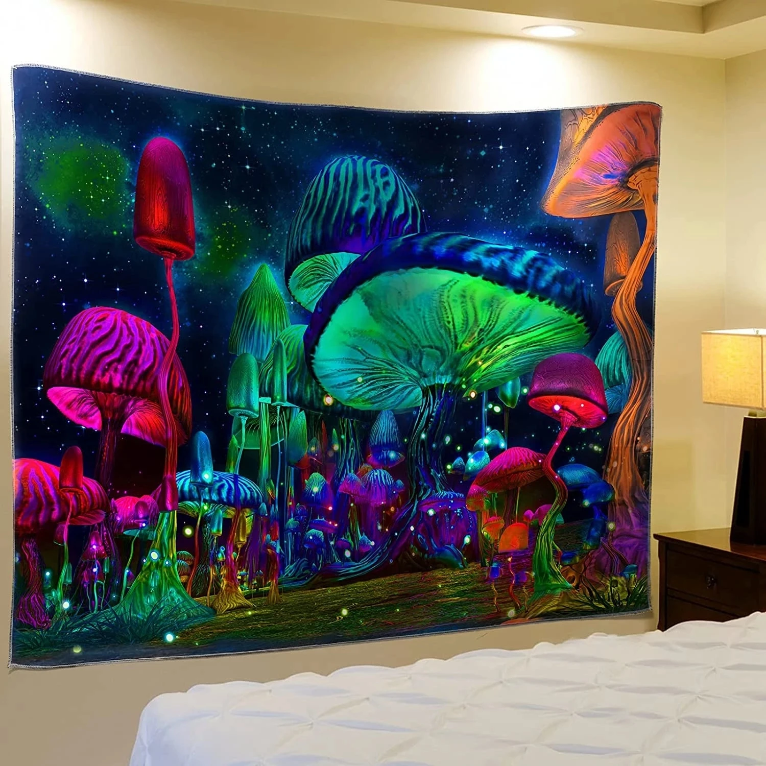 Bedroom Mushroom Tapestry Psychedelic Tapestry Fantasy Plant Starry Night Tapestry Wall Mounted Black Light Poster For Room Home