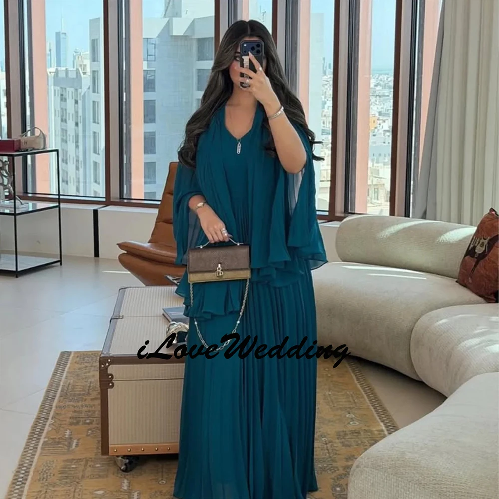 Customized Charming Evening Dresses for Women 2026 V-Neck Long Sleeves A Line Pleat Chiffon Floor Length Formal Party Dress