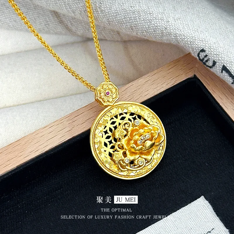 

Pendant 9999 24K Real Gold Crushed Ice Peony Flower Disc Necklace Retro National Trend Palace Style Flower Collarbone Chain
