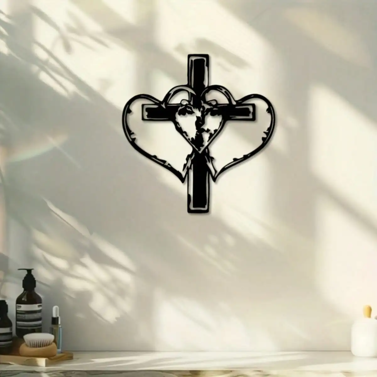 Black Iron Cross Wall Art Heart Center Metal Religious Decor Rustproof Hanging Living Room  Church Simple Design Gift Ornament